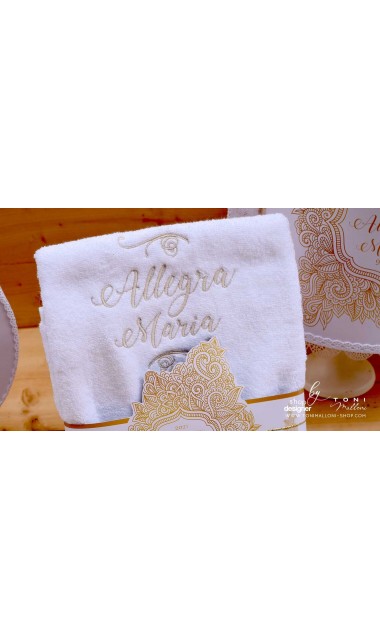 Trusou botez alb cu gold elegant si special cu broderie customizata Boho 15